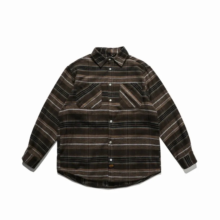 

200G Mens 100% Cotton Autumn Shirt High Street Casual Plaid Long Sleeve Shirts Navy Blue Turn-down Collar Oversized Pocket Top
