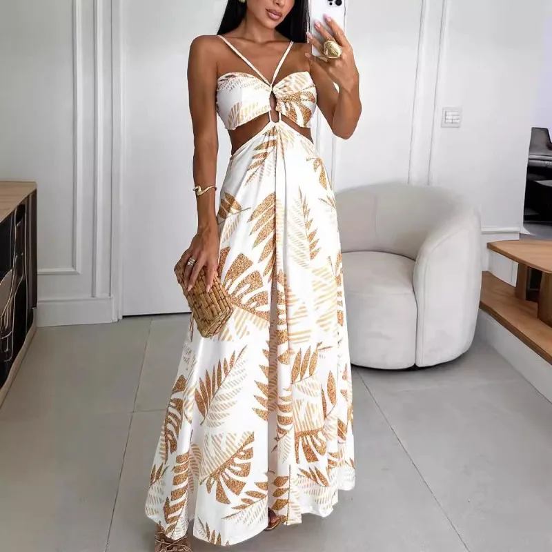 2024 Spring Summer New Women\'s Clothing Tropical Plant Print Spaghetti Straps Sleeveless Hollow Dress New