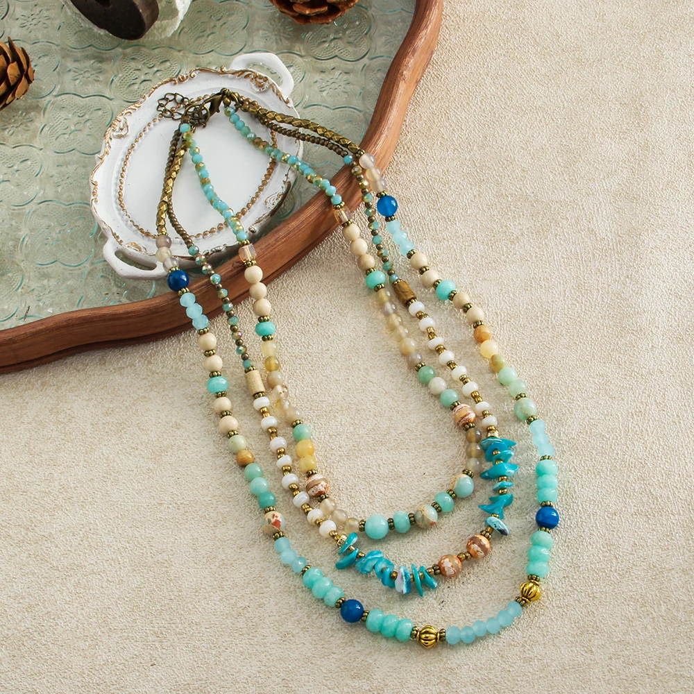 New Vintage Bohemian Handmade Bead Multicolor Natural Stone Glass Shell 3 Layer Necklace Ethnic Style Women's Necklace Jewelry