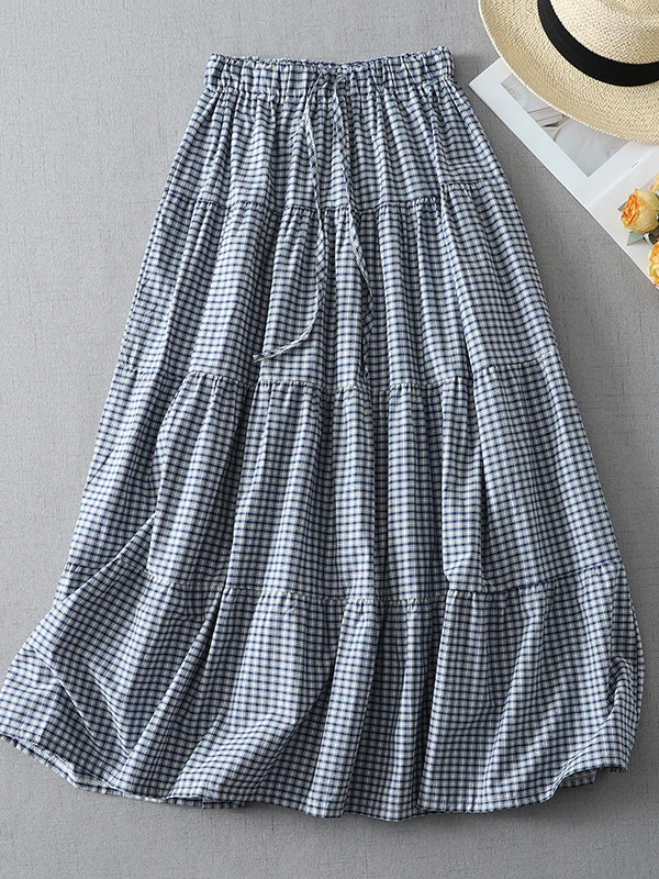 

Blue Plaid A-Line Skirt Women's Loose plus Size Slimming Cake Skirt Spring Summer New Style Casual Style Girls' Skirt