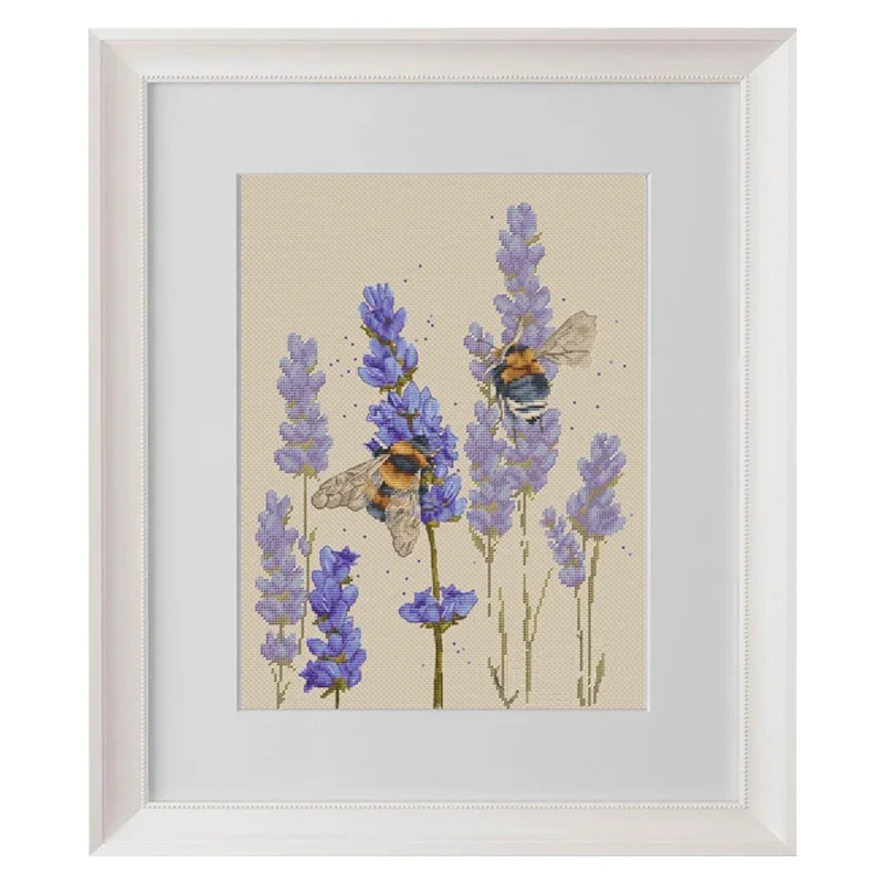 Amishop Top Quality Beautiful Counted Cross Stitch Kit Lavender And Bumblebee Clover Bee Plant Hydrangea Insect Embroidery 40097