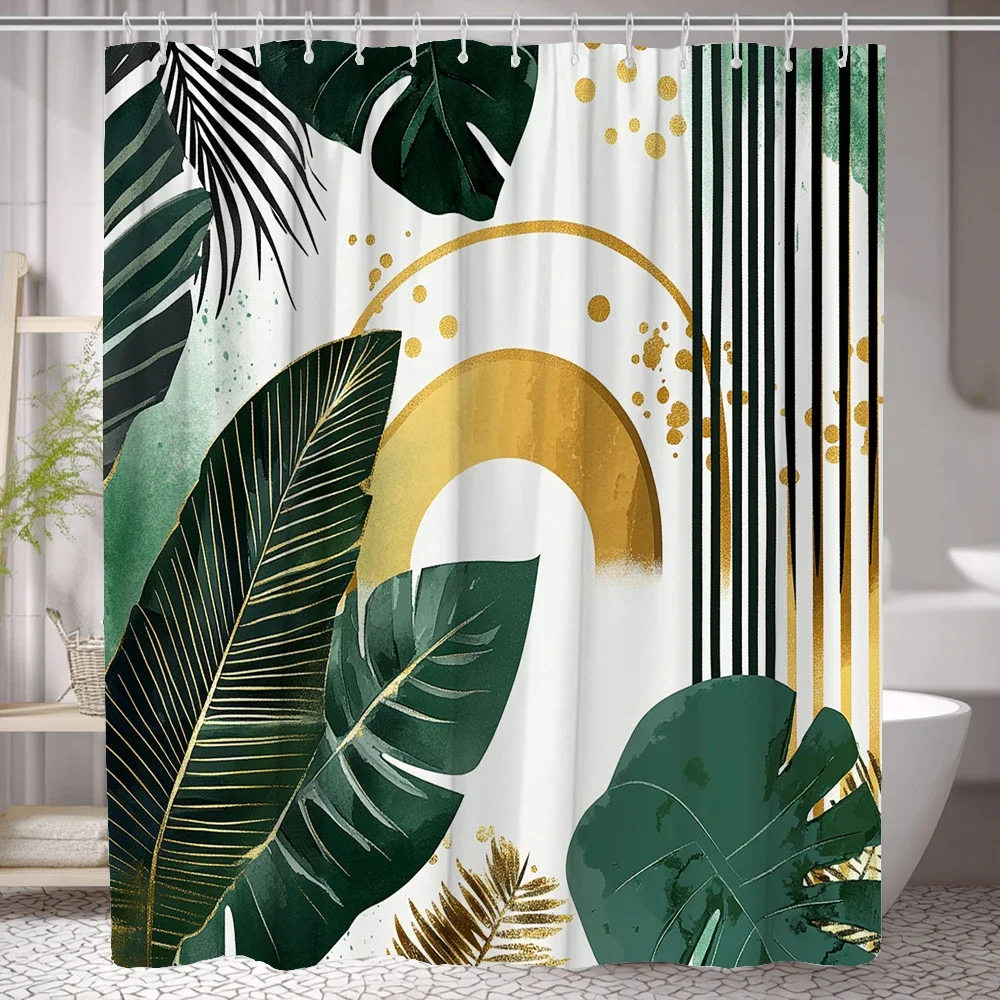 Tropical Greenery Leaf Shower Curtain , Abstract Leaves Bathroom Curtain with Hooks Curtain Polyester Waterproof Bathroom Shower