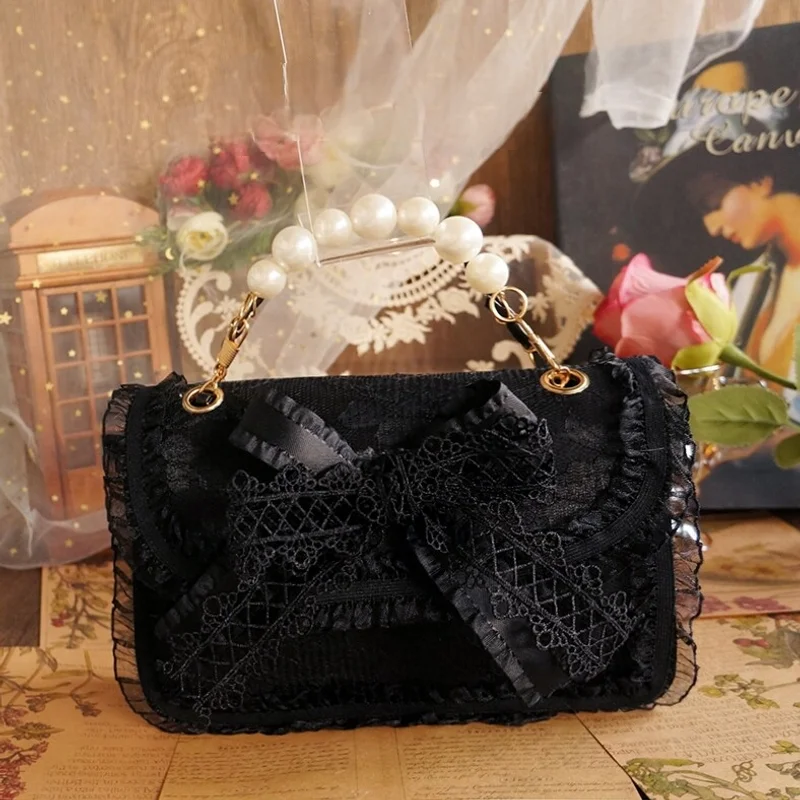 Sweet French Elegant Afternoon Tea Exquisite Lolita Girl Bag Lace Bow Fashionable Pearl Gentle Dating Romantic Cute Lady Handbag