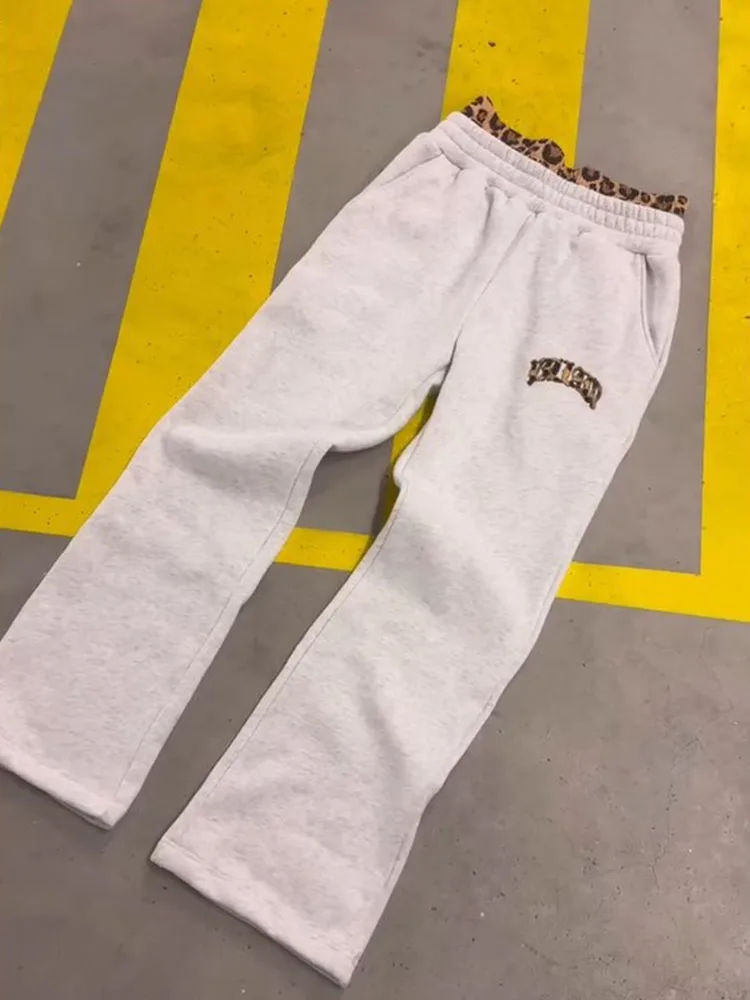 Autumn Winter Leopard Print Camouflage Letter Patchwork Double Waistband Straight Pants Y2K High Street Harajuku Hip Hop Slacks