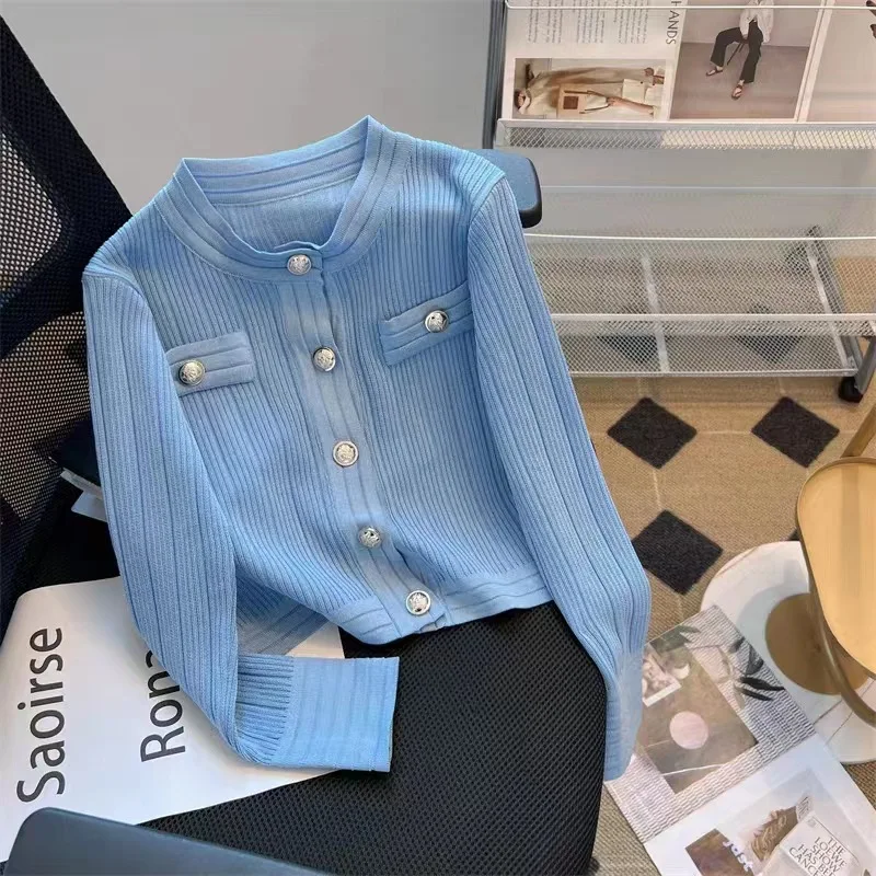 Atasan rajut pas badan untuk wanita, kardigan Sweater leher-o Single Breasted desain gaya malas warna polos baru