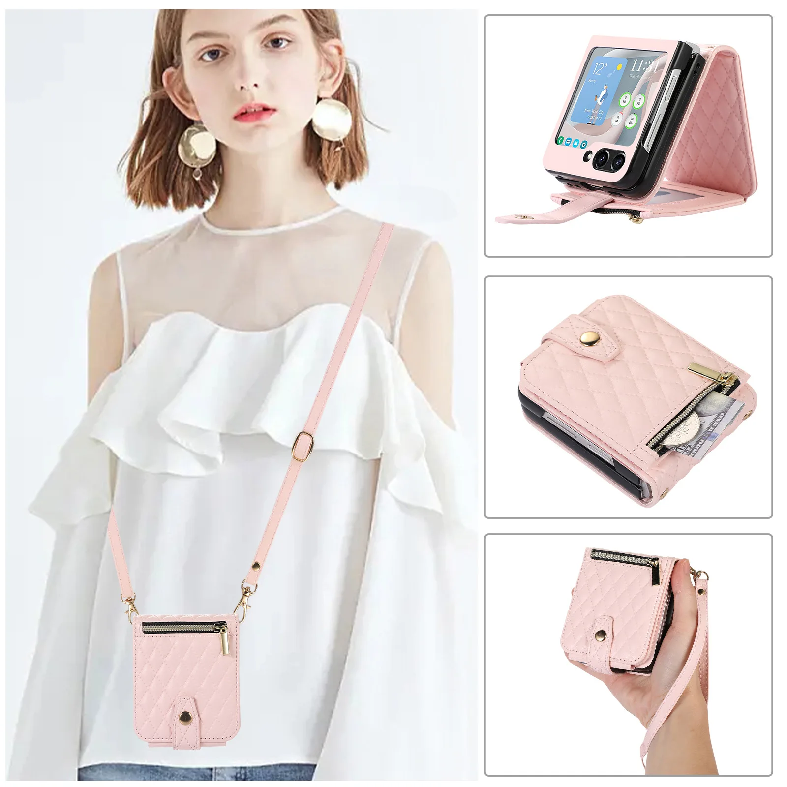 

Crossbody Lanyard Leather Phone Case for Samsung Galaxy Z Flip 5 4 3 Flip5 Flip4 Flip3 5G Wallet with And Card Slot Cover