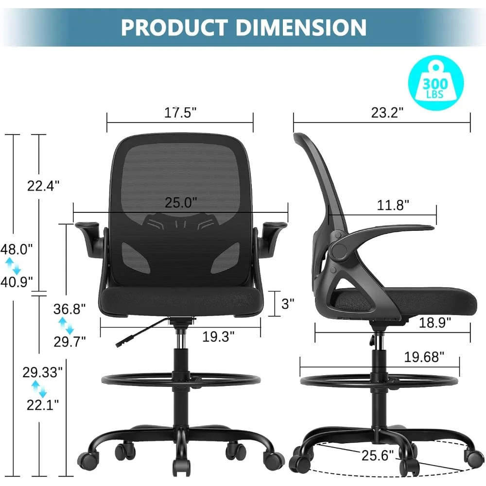 Silla de dibujo alta con anillo reposapiés para el hogar y el trabajo, silla ergonómica de escritorio para el hogar con brazos abatibles y soporte lumbar