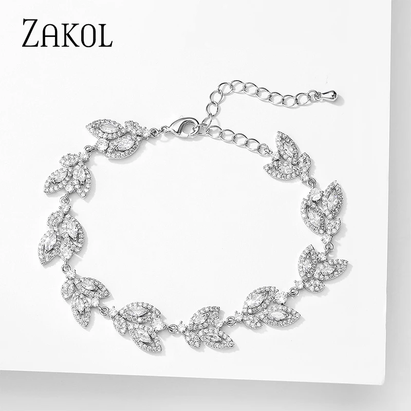 ZAKOL Exquisite AAA Cubic Zirconia Charm Chain Link Bracelets & Bangles for Elegant Women Luxury Leaf Bridal Wedding Jewelry