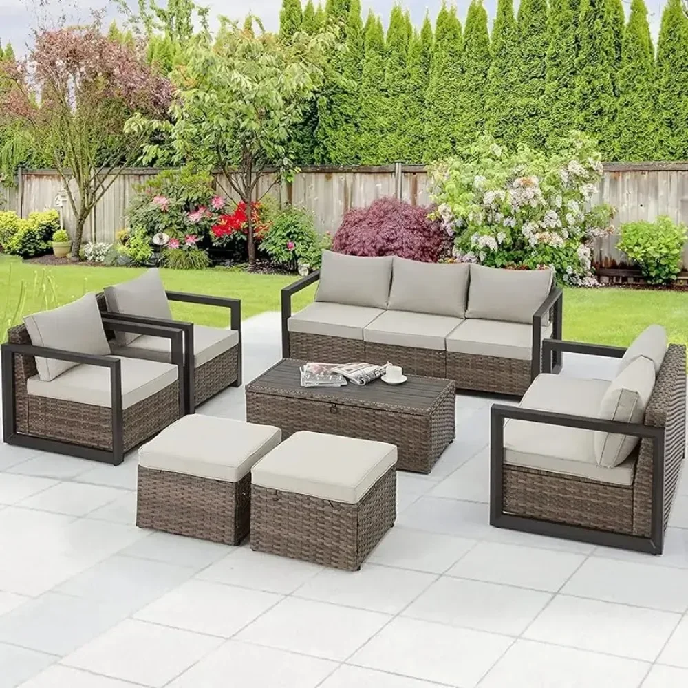 

Aluminum Outdoor Patio Furniture Set, Modern Patio Conversation Sets with Storage Coffee Table, Removable Cushions & 2 Ottomans