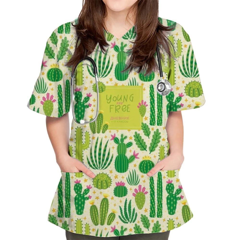 חולצת טריקו רזה רזה הדפס מט פרחים העליון צווארון נשים וטרינרי אחות מדים חולצה קצרה שרוולים