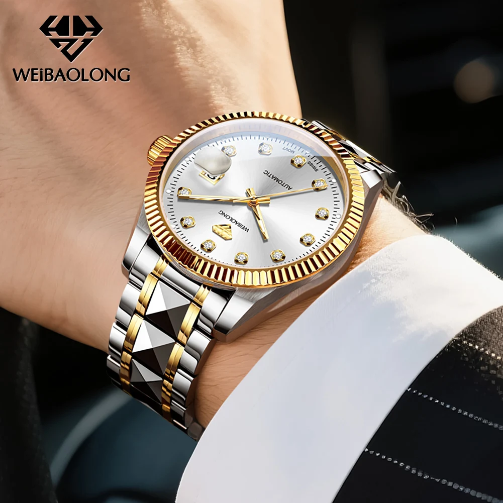 WEIBAOLONG 3802 ساعة ماسية حقيقية للرجال سويسرية أصلية ساعة ميكانيكية أوتوماتيكية مقاومة للماء ساعات رجالية مضيئة