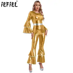 Womens Vintage 70S Disco Costumes Metallic Shiny Cosplay Jumpsuit Tiered Flare Sleeve Bell Bottom Hippie Romper Stage Dancewear