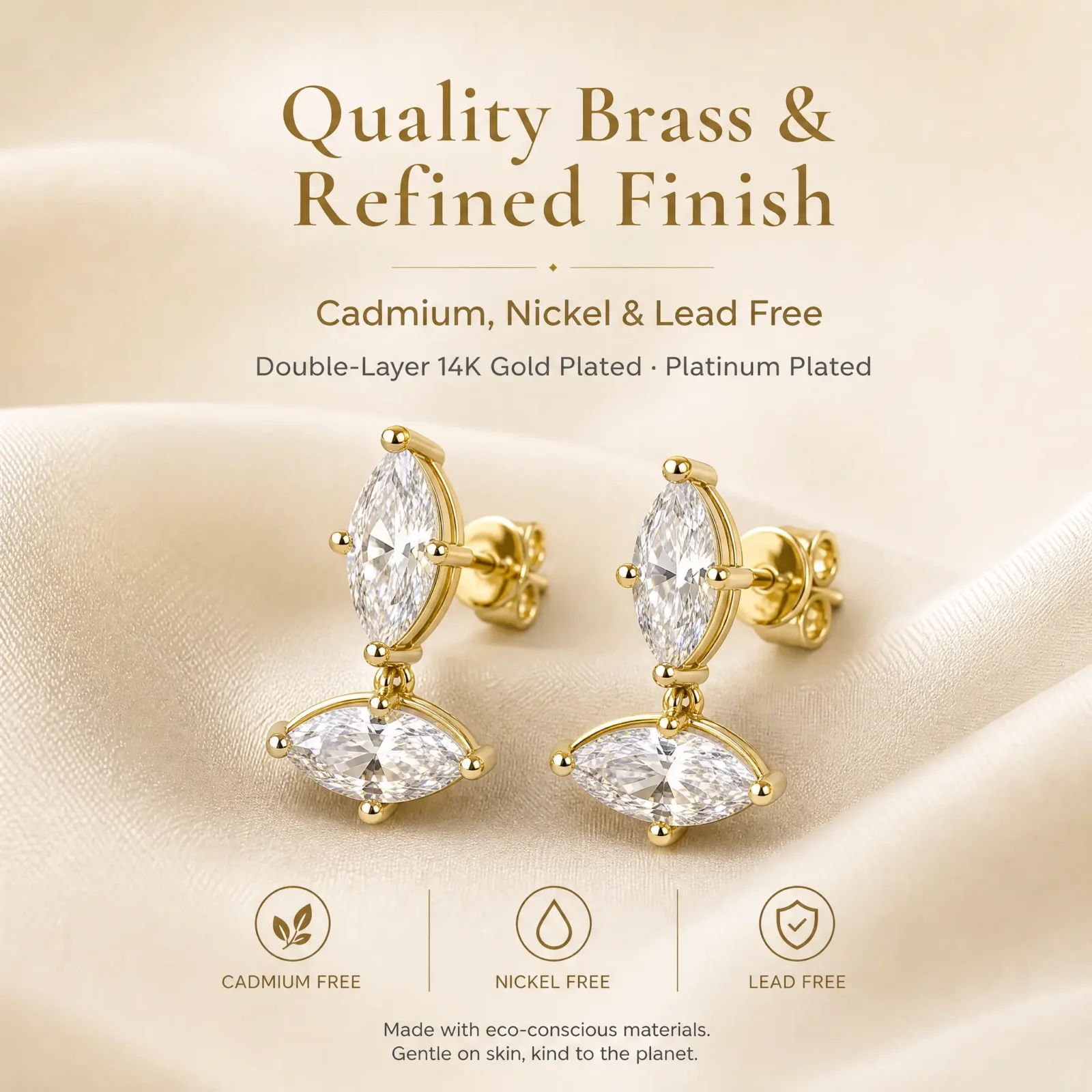 Moonmory Minimalistisches, einzigartiges Design, doppelte Marquise-Ohrstecker für Damen, 5A Kubikzirkonia, 5x10mm, 14k doppelt vergoldet – Detail 8