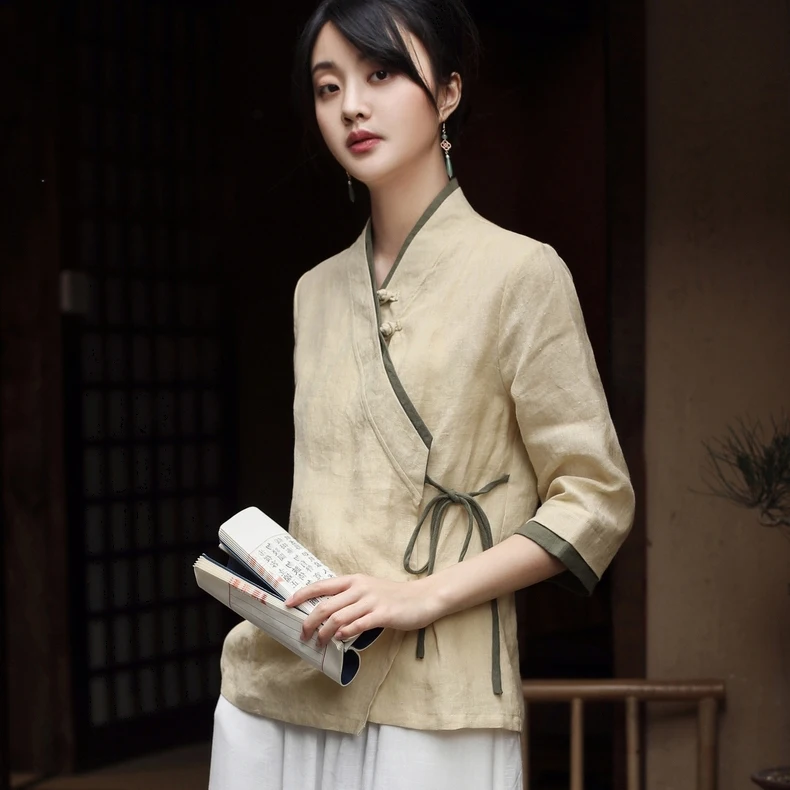 

Retro Sle Women's Cotton Linen irt Loose Fit Side Buttoned Color Blo Ethnic Sle Top V-Ne Seven Sve Pure Color