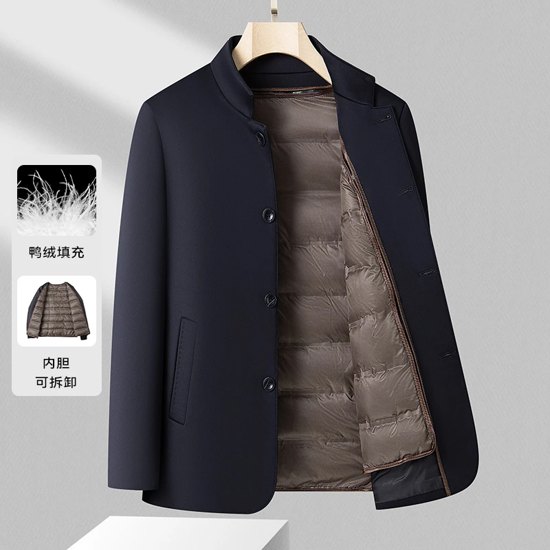 

2025 Business Casual Woolen Coat Men Thickened Casual Stand Collar Detachable Down Liner Dad's Winter Coat