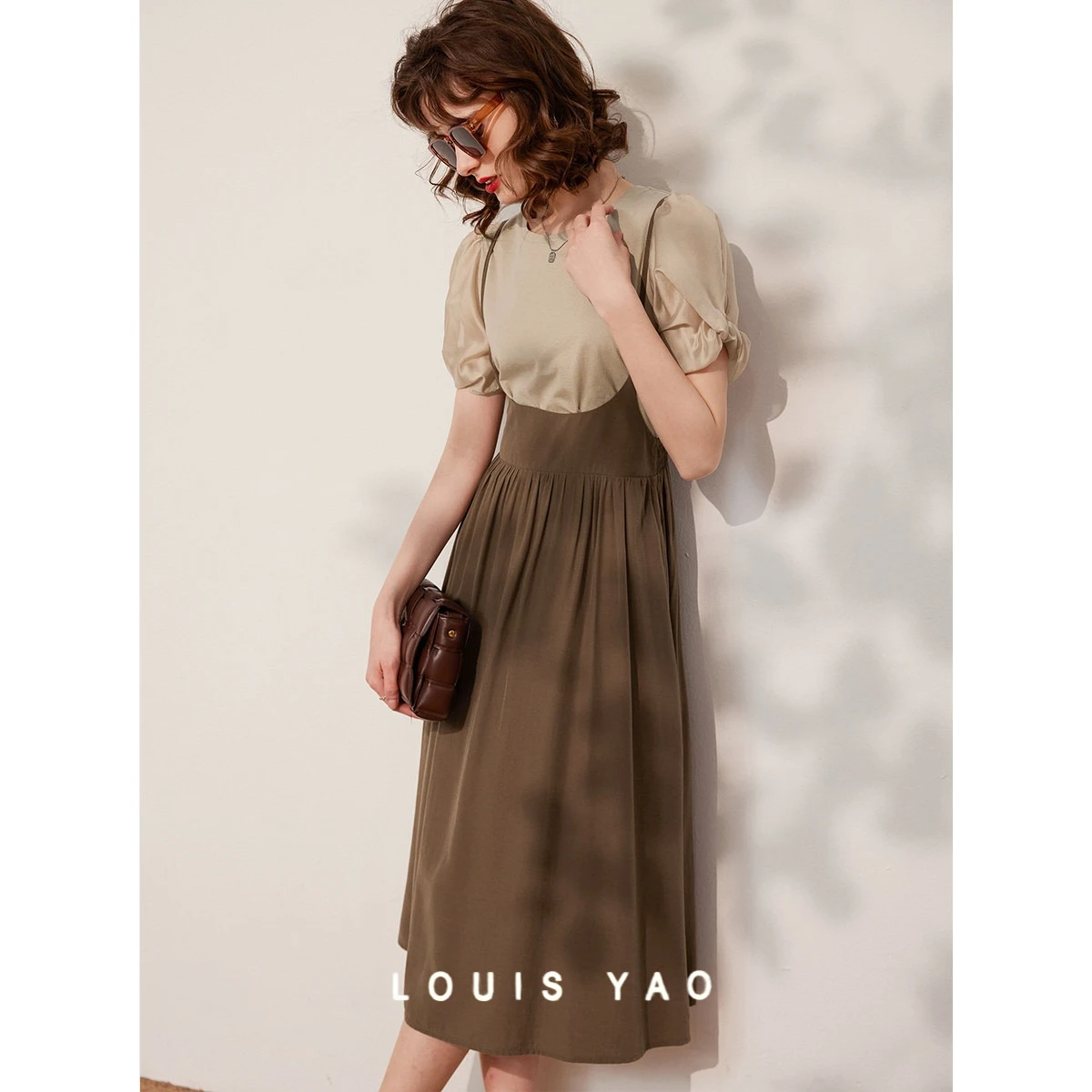 

LOUIS YAO Female T-shirt Strappy Dress Set 2025 Summer Two Piece Patchwork Design Women's Dress Puff Sleeve Long Dresses Set