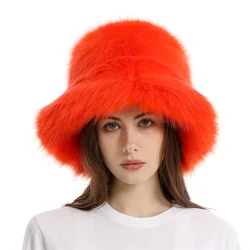 Sombrero de cubo de felpa cálido para mujer, gorros de algodón de piel sintética esponjosa, orejeras de gran tamaño, piel de mapache peluda, sombreros de invierno de Color sólido