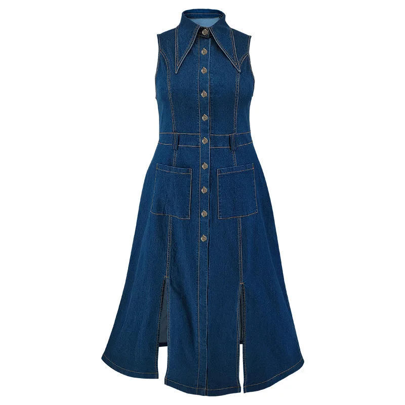 

Women Dresses Denim Long Dress Solid Slit Pocket Turn Down Collar Sleeveless Cinched Waist Single Breasted Casual 2026 Autumn
