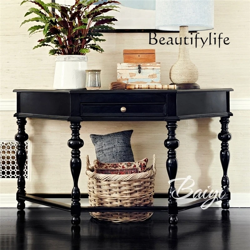 

French rural solid wood entrance table European carving retro home semi-circular art carving advanced sense