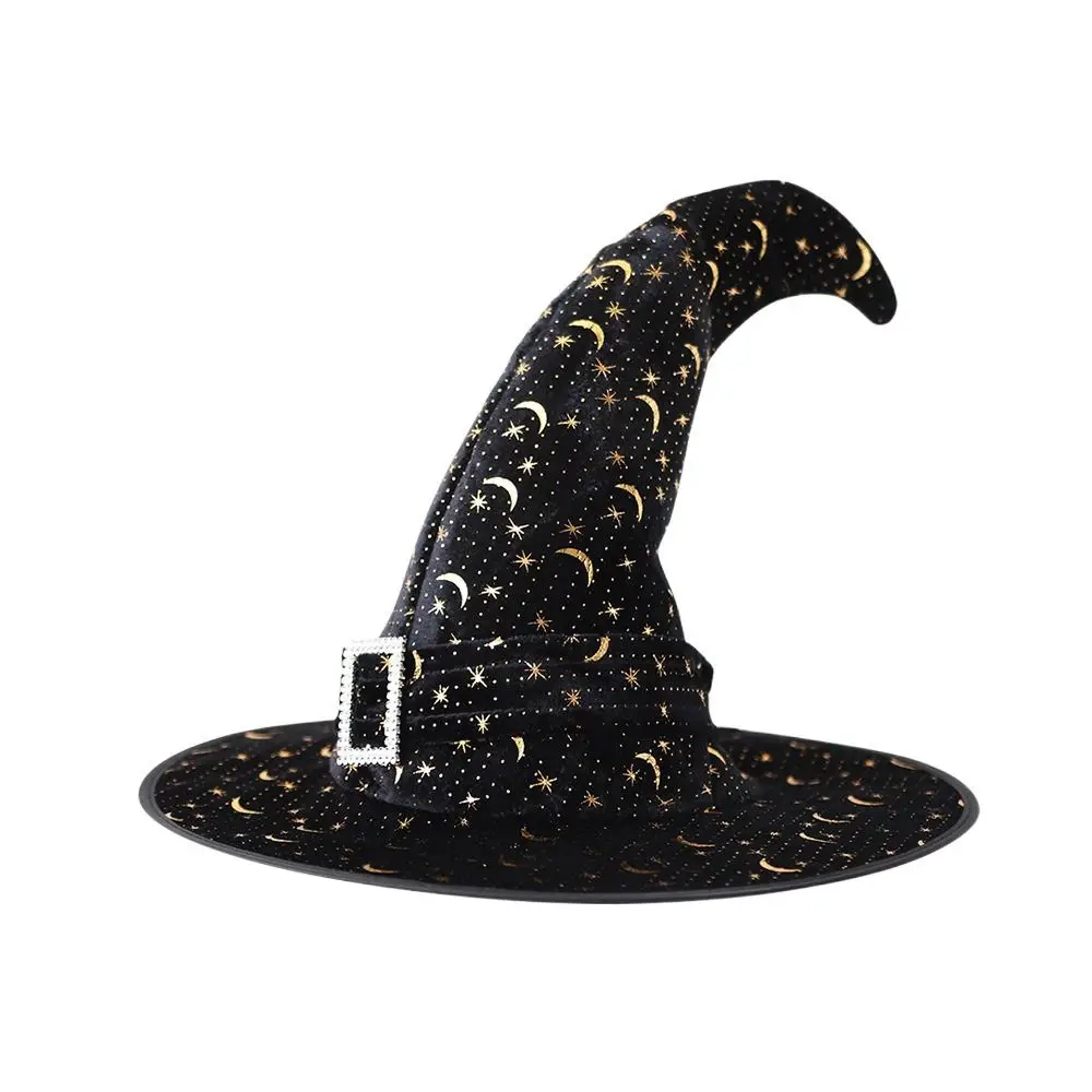 Casual Style Velvet Halloween Witch Wizard Hat Bending Angle Gilding Halloween Hat Costume Props Satin Ribbon Devil Cap Adults