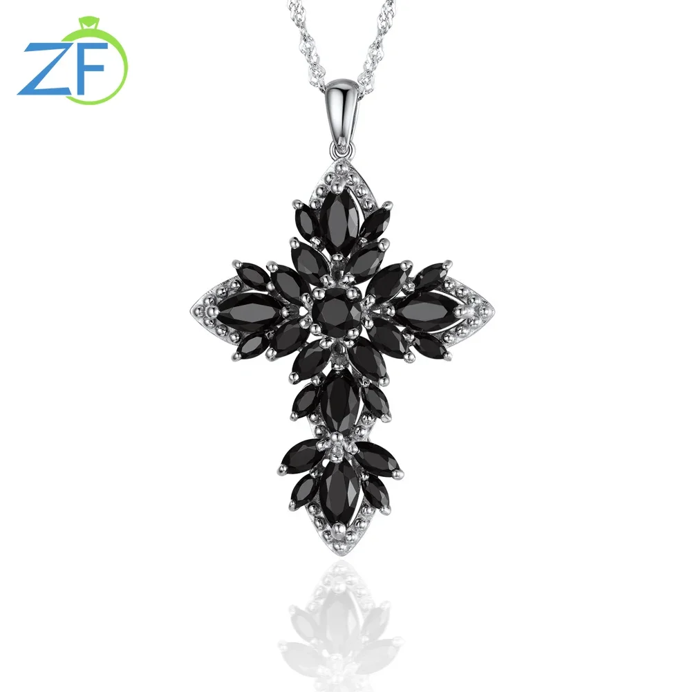 GZ ZONGFA Natural Black Spinel 925 Sterling Silver Women Jewelry Pendant Cross Necklace High Quality Fine Jewelry Gifts 2024