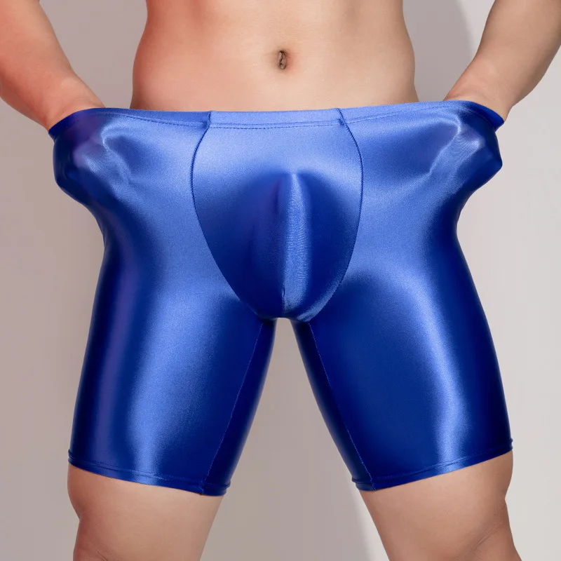 Men Underwear Shiny Glossy High Elastic Trunks Silky Bulge Pouch Boxer Tight Sports Fitness Men\'S Five-Point Leggings Underpants