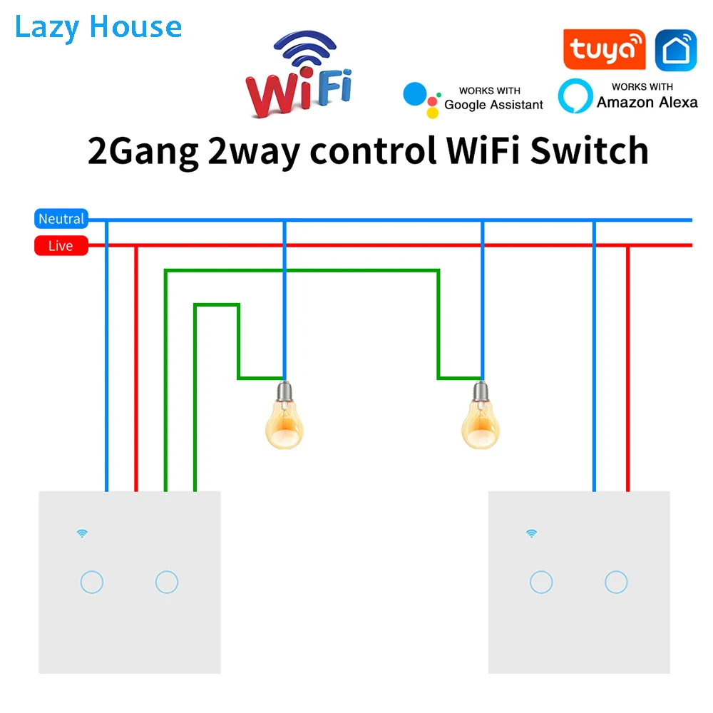 TUYA Smart Life Dual 2way Wifi Switch Touch Switches Voice Control For Stairs Corridors Lamps Tuya Alexa App Control