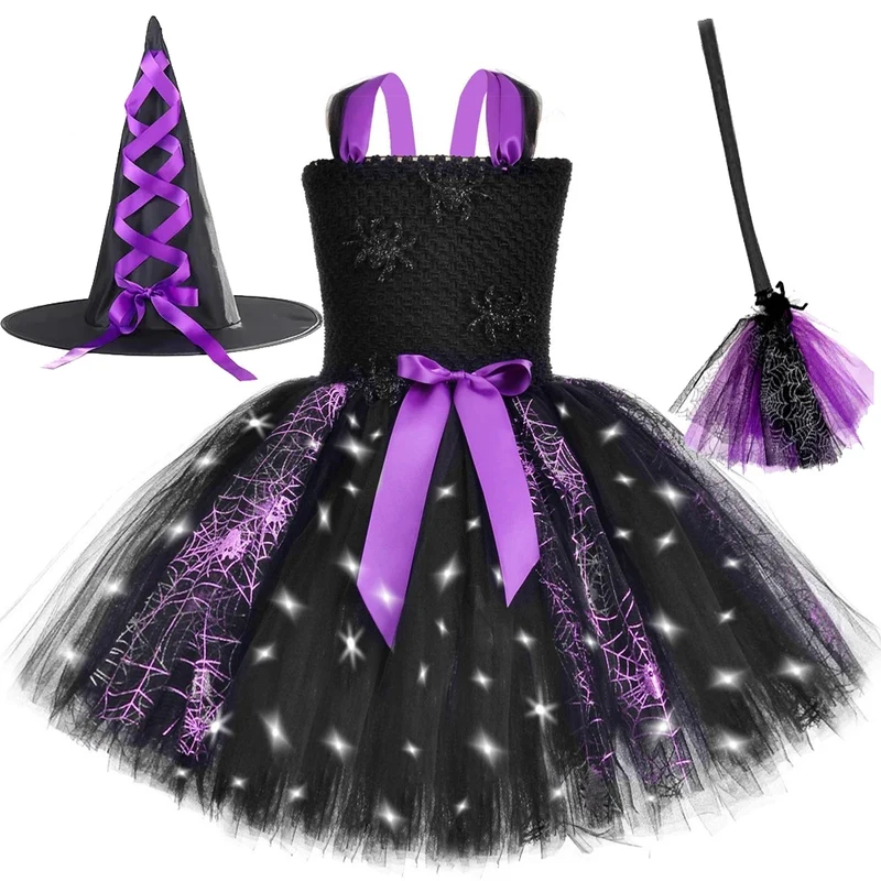 

❤2026❤ Led Lights Spider Witch Costumes for Girls Carnival Halloween Fancy Dresses with Witches Hat Broom Kids Hallowmas Party ❤