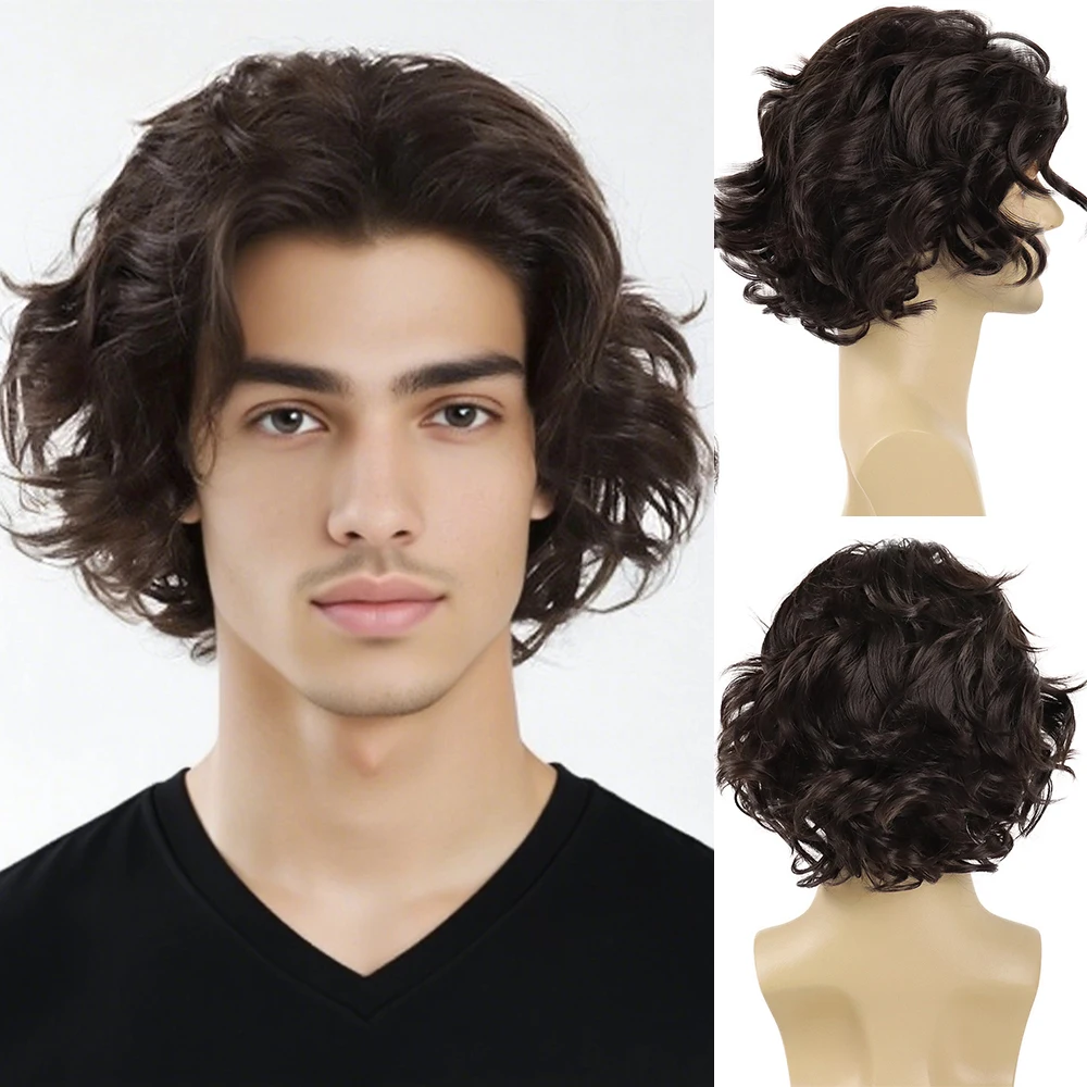

Dark Brown Mens Short Curly Wig Synthetic Fluffy Wigs with Bangs Male Boys Heat Resistant Soft Breathable Hair Daily Cosplay
