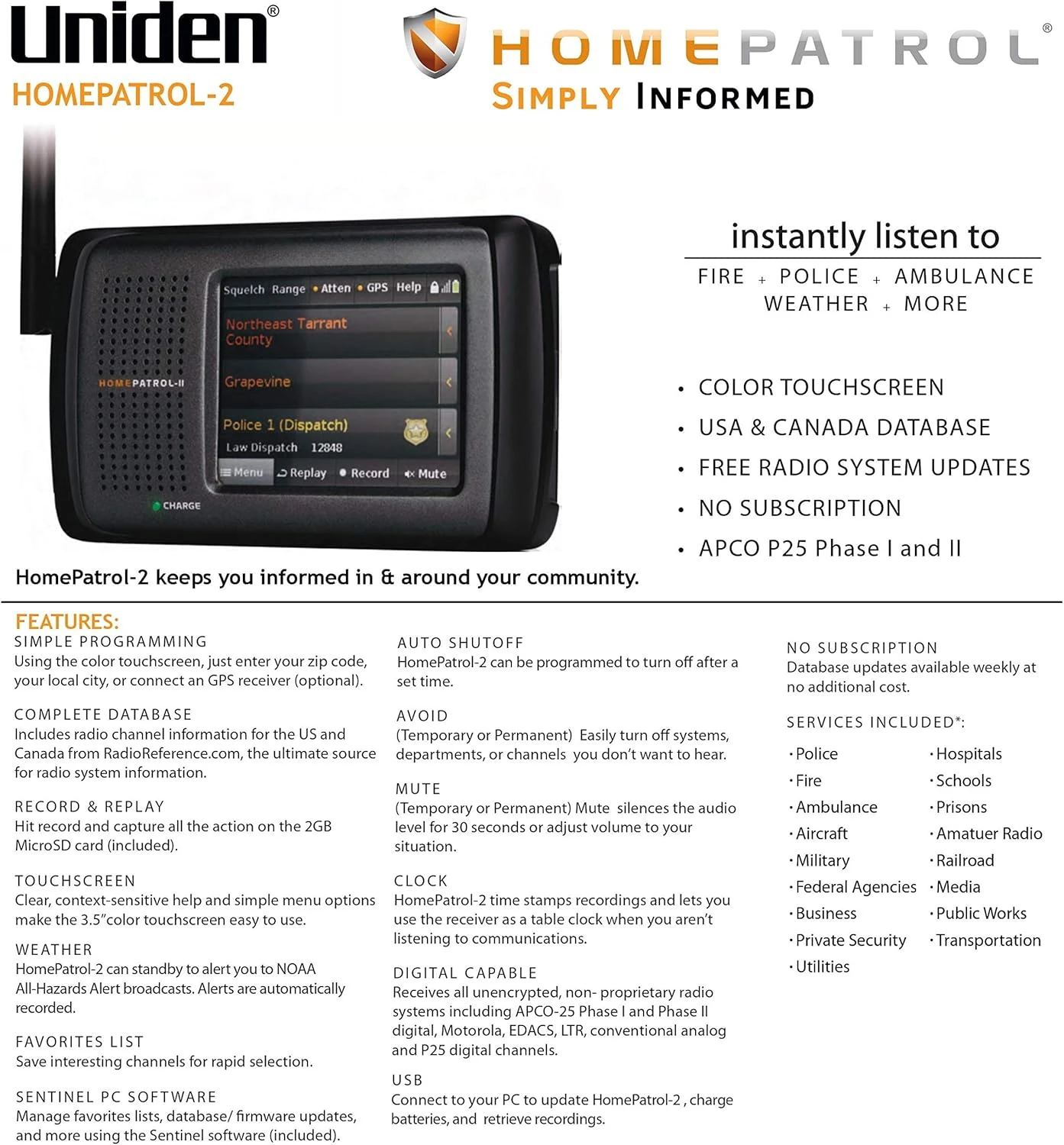 Color Touchscreen Scanner with TrunkTracker V/S/A/M/E, APCO P25, Emergency Alerts - Covers USA and Canada