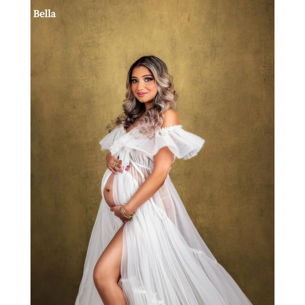 Bella Customize White Maternity Robe Off the Shoulder robes de soirée Mesh Fabric Prom Dresses Floor-Length Wedding Dress 2025