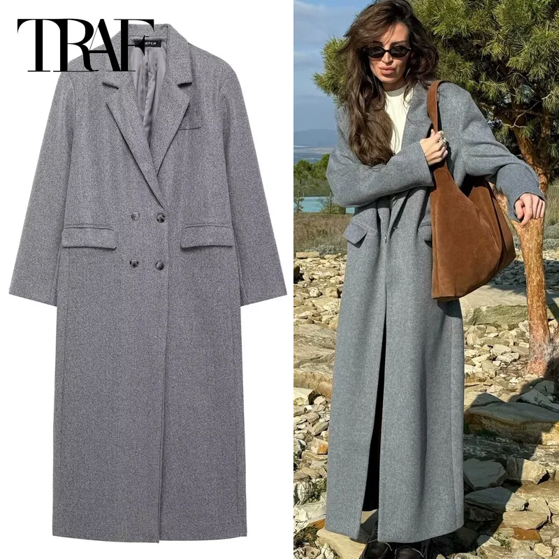 TRAF Women's Coat Tweed Grey Coats 2024 Woman Autumn Winter Long Sleeve Double-Breasted Outwears Casual Streetwear Long Jcakets