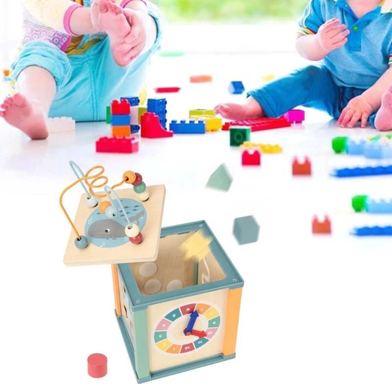 Juguete 5 en 1 para niños, Cubo de madera, laberinto Montessori, círculo alrededor del tiempo de cuentas, aprendizaje de matemáticas, juguetes educativos para niños pequeños