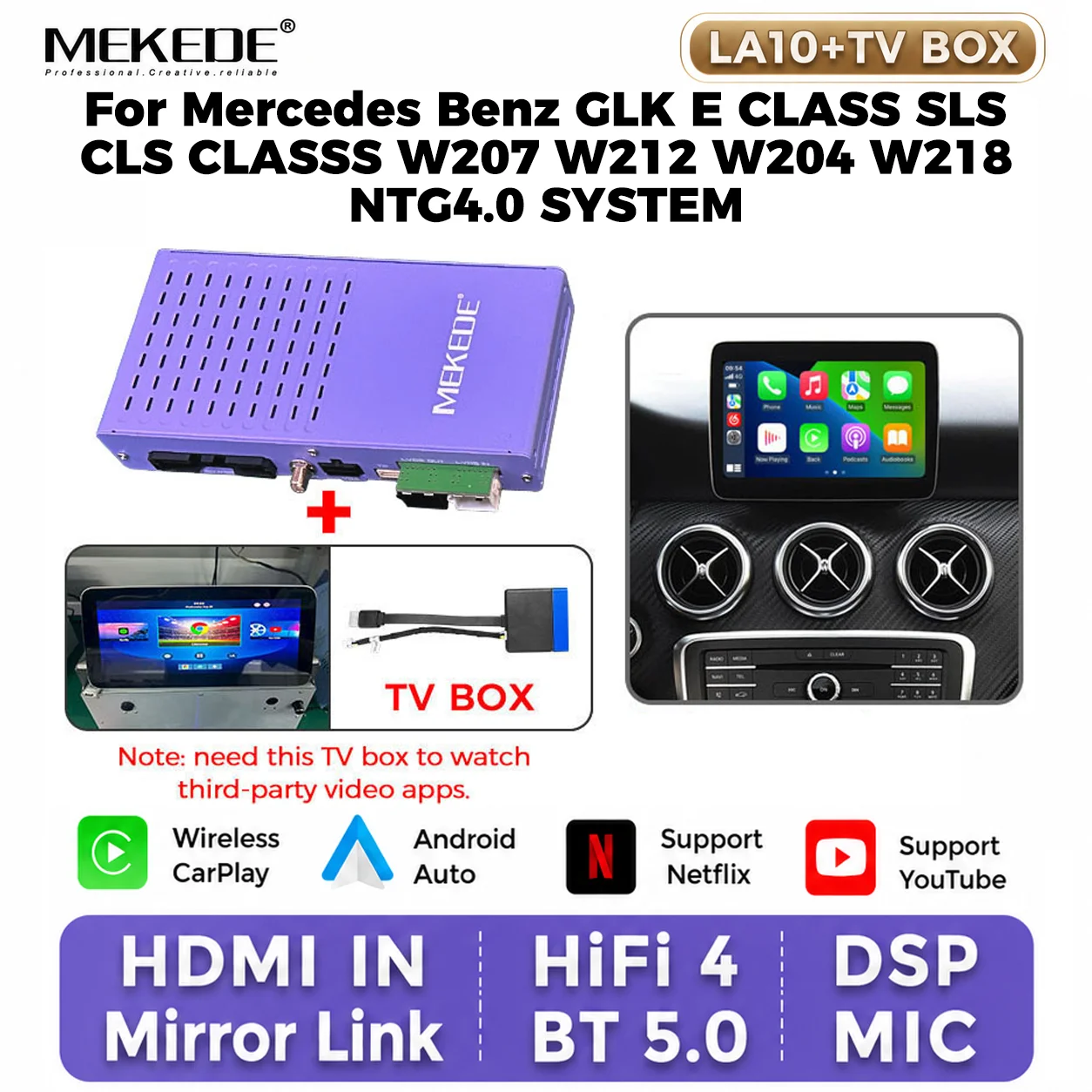 MEKEDE Wireless CarPlay Android Auto Decoder Box für Mercedes Benz GLK E-Klasse SLS CLS-Klasse W207 W212 W204 W218 NTG4.0 System zur Unterstützung von YouTube/Netflix, OEM-Bildschirm-Upgrade, AI-Box,