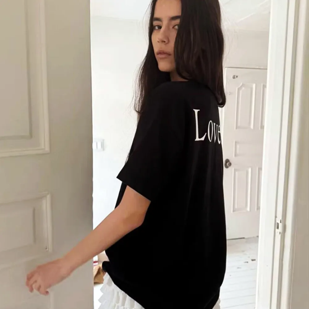 Liebt Buchstaben Druck Schwarz Baumwolle T Shirts Sommer Kurzarm Lose Beiläufige Tops Tees 2026 Sommer Neue Crewneck Einfache T-shirt