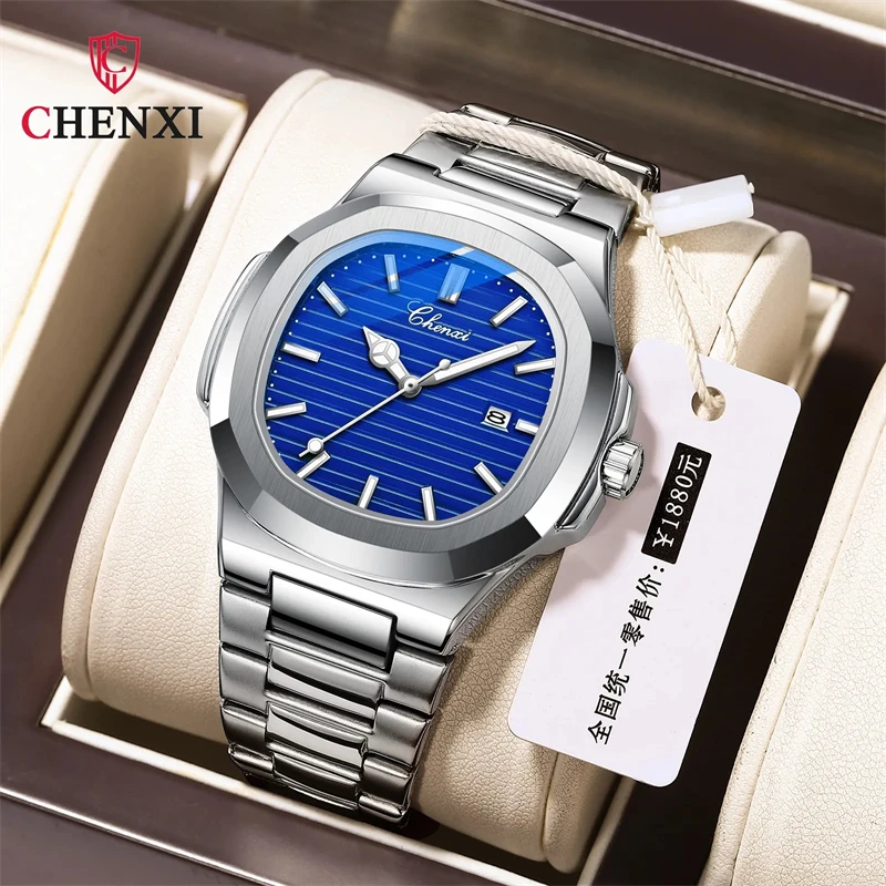 CHENXI 8222 Stainless Steel Wristwatch Case Fashion Calendar Quartz Waterproof Luminous Man Watches Reloj Hombre