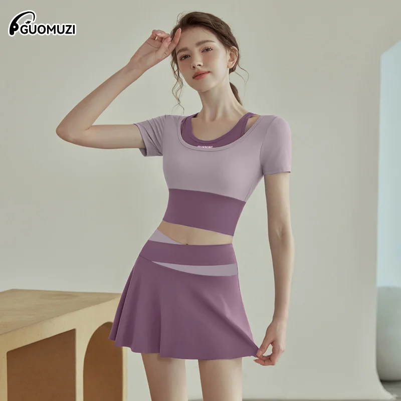 

Fake Two-piece Sports Short Sleeved T-Shirt Half Skirts Women's Summer Breathable Fitness Top With Bra Fitness Yoga Tennis Skirt