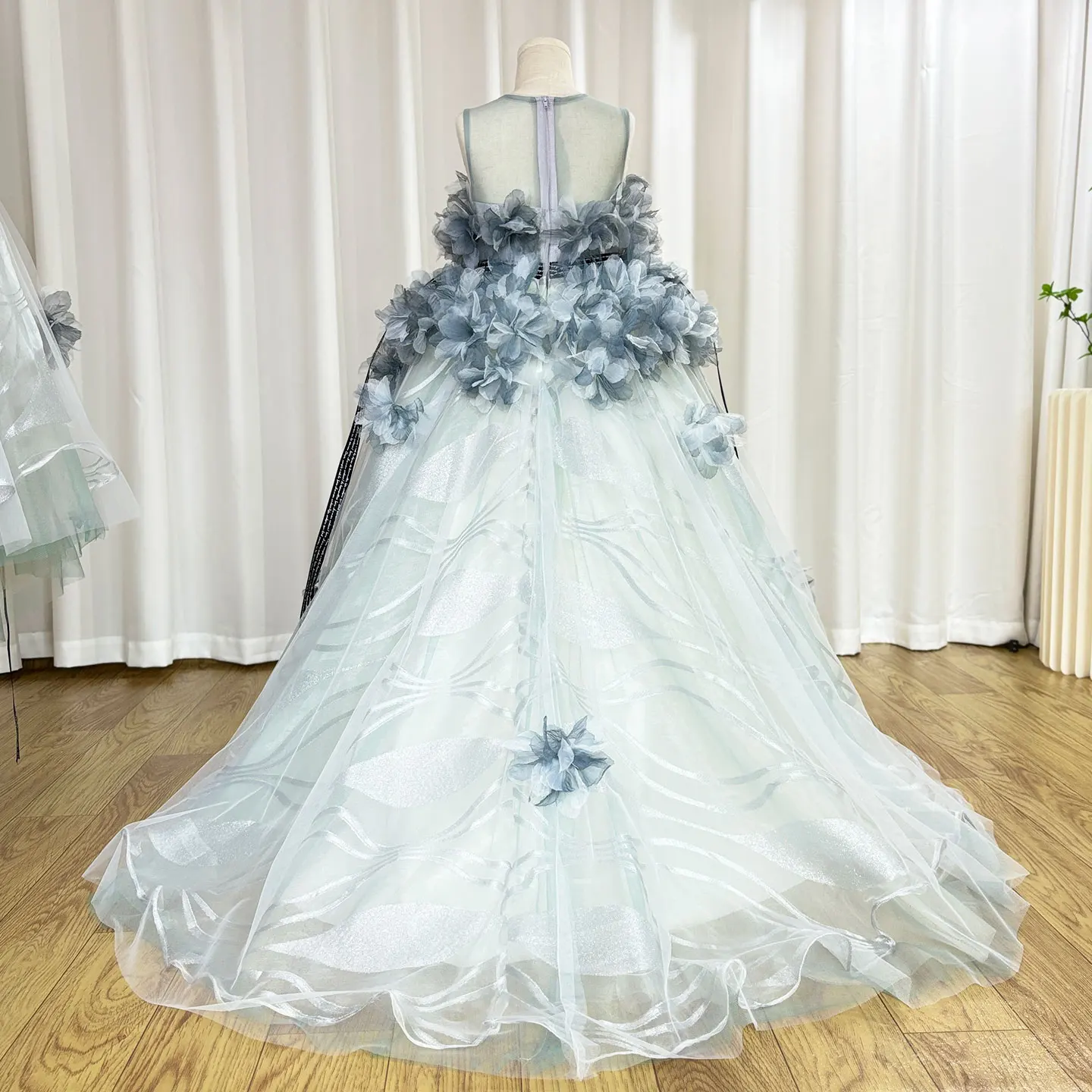 Jill Wish Luxury Gray Kids Girl Dress Handmade Flower Ribbons Princess A-Line Gown for Birthday Wedding Party Honors Day J018