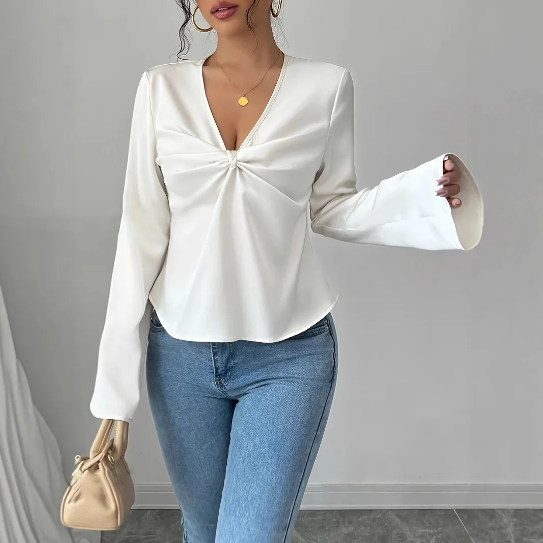 

Simple and Comfortable 2025 Spring and Summer New V-neck Design Versatile Long Sleeve Shirt Top for Women