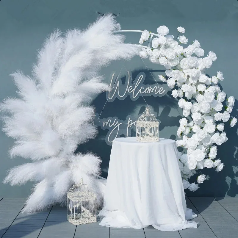 

White Champagne Pampas Grass Wedding Backdrop Arch Decor Floral Arrangement Rose Flower Row Event Party Props Window Display