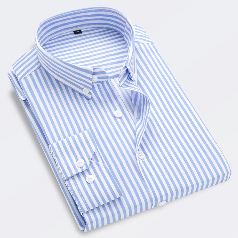 Plus Size Men\'s High Quality Dress Shirts Korean Casual Classic Busines Blue Striped Shirts Breathable Long-Sleeved Shirt Coat