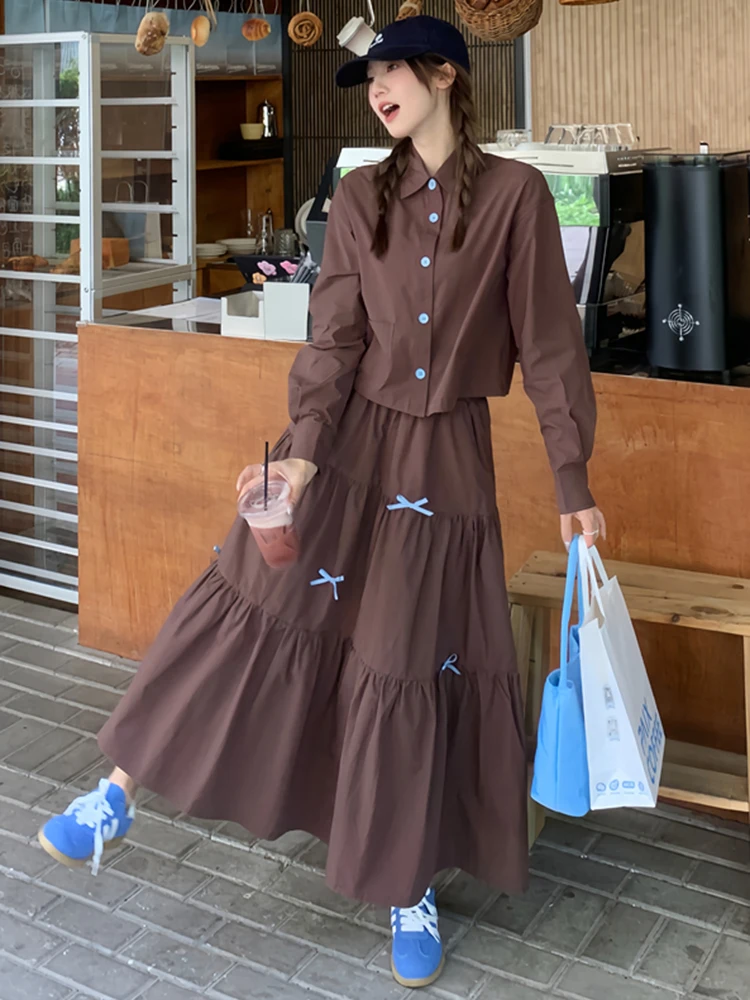 

Two 2 Piece Brown Skirts Sets Women Fashion Shirts Long Sleeve Casual Elastic Waist Skirt Suit for Teens Bowknot Long Maxi Skirt