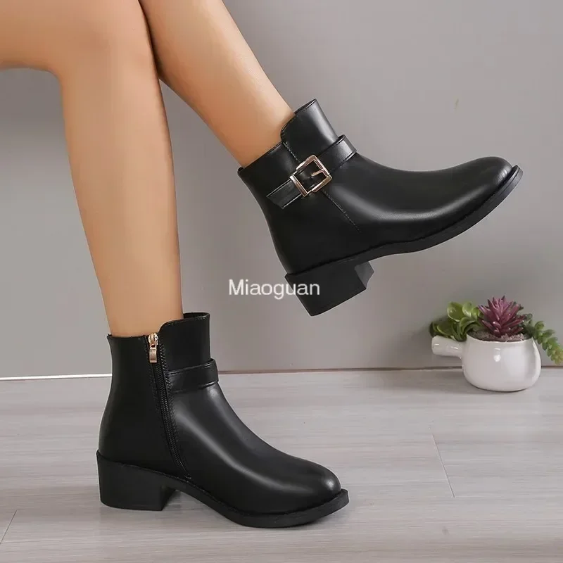 Short Belt Buckle Side Zipper 2025 New Thick Heeled with Plush Thickened Women's Boots British Style Fashion Boots Casual Shoes image 4