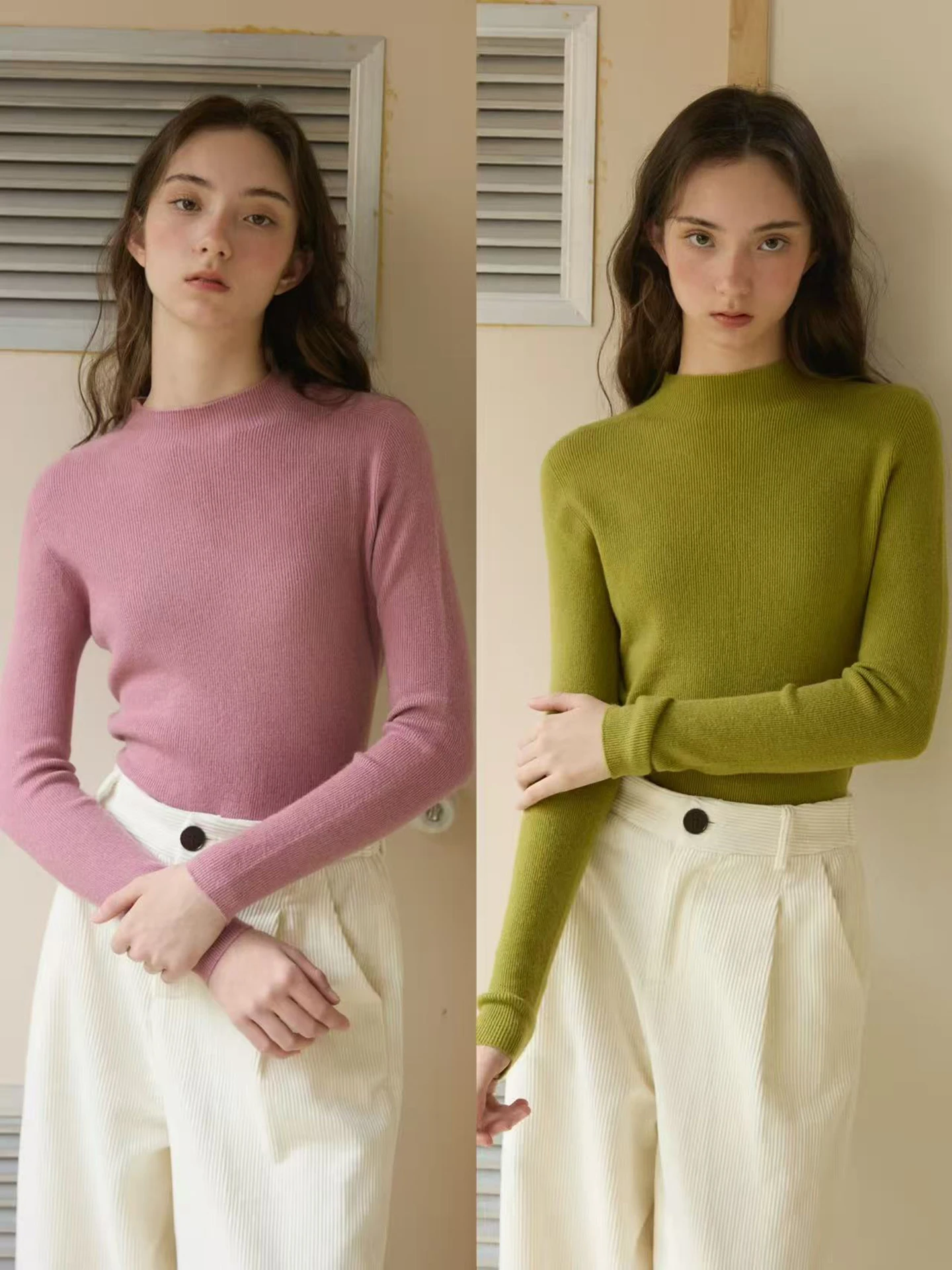 

Willbewell een Two-tone Knitted f-high Collar Base Layer Top Women's Casual Sle Long Sve Wool Blend Inner Wear