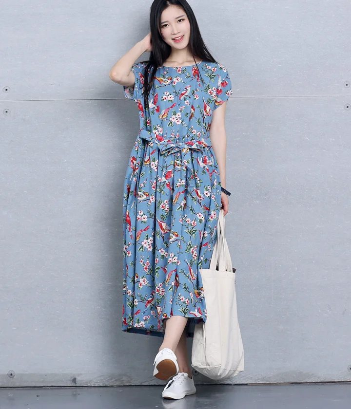 2022 autumn fashion women clothing casual loose Oversize dress  thin blue linen printed short-sleeved vintage dresses female