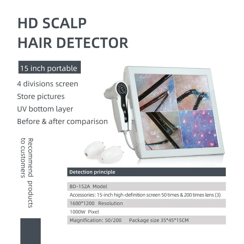 Para pantalla HD de 15 pulgadas, análisis del cabello/piel del cuero cabelludo para salón de belleza/uso doméstico, lente de 50/200 veces de alta resolución, fácil de operar