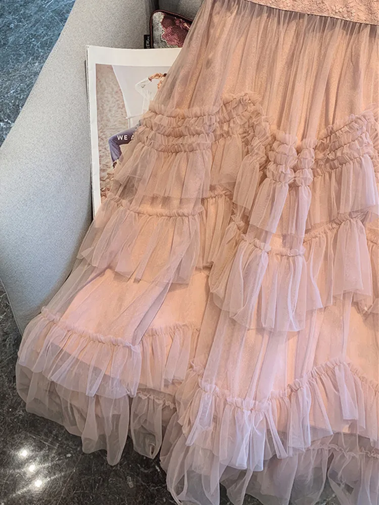 Sweet Pink Rhinestone Lace Patchwork Ruffles Edge Mesh Fluffy Wedding Party Dress Women Elegant Puff Sleeve Slim Evening Dress