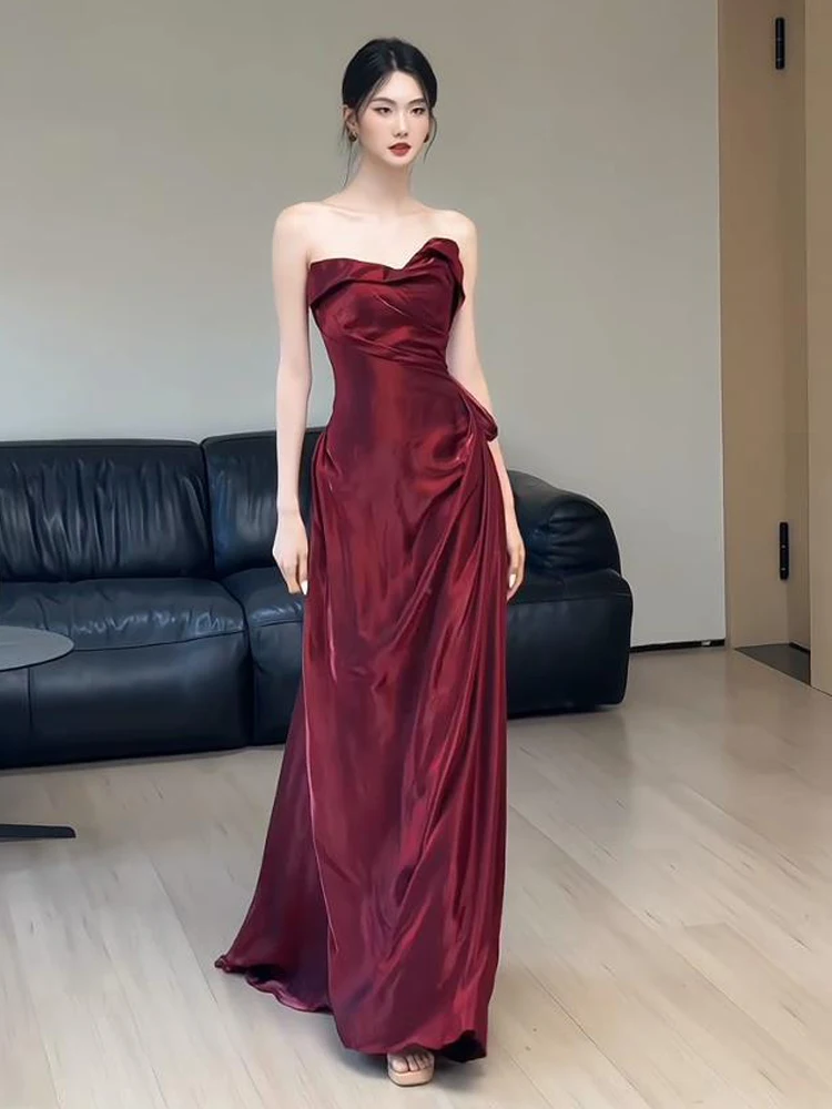 

Red Wine Color Bridesmaid Long Dr Slim Fit Asymmetrical Evening Par Wedding Celebration Performance Simple Sle Women's...