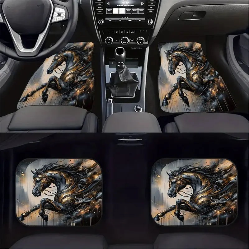 4pcs Mysterious Horse Pattern Car Floor Mat Set, Crystal Velvet Anti-slip Mat, 4pcs Decorate The Interior Space, Effectively Col