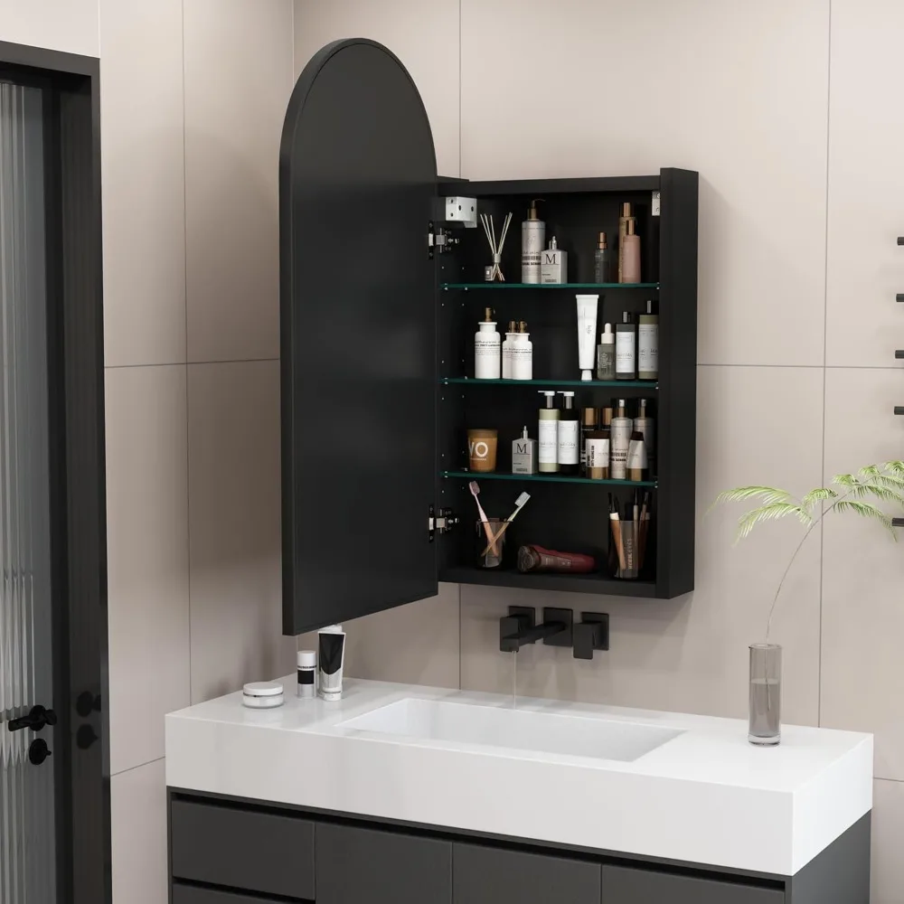 Arched Medicine Cabinets with Mirror Black, Metal Framed Medicine Cabinet Wall Mounted, Bathroom Mirrored Cabinet with Storage,